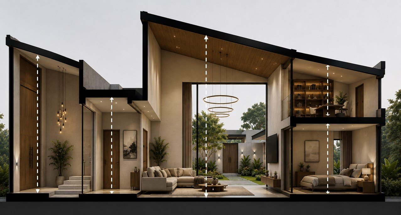 Hierarchy of scale shown in varying heights of rooms in a villa section