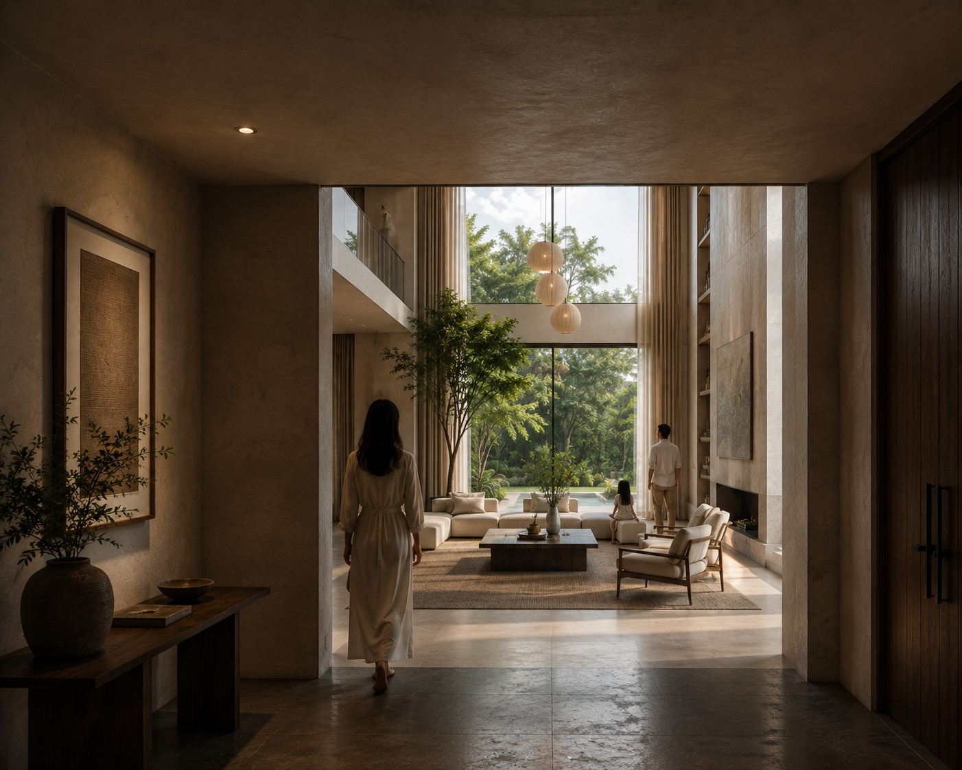 Low height ceiling foyer opening into a dramatic double-height living room