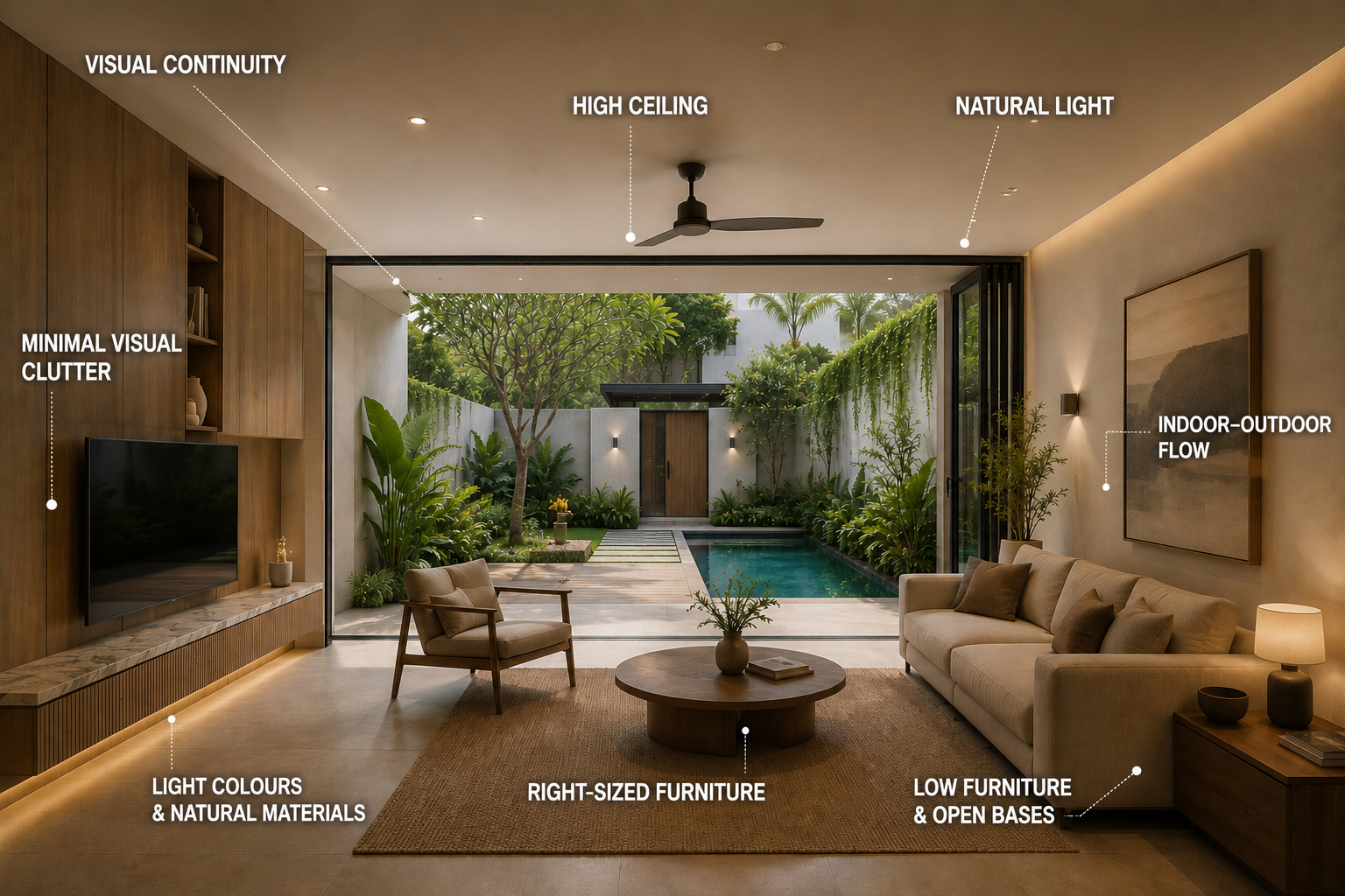 Villa interior visually connected to landscape